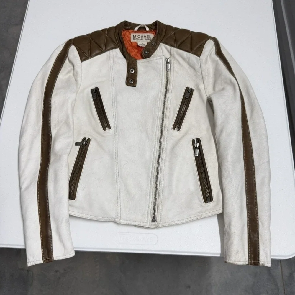 MICHAEL KORS Women Moto Jacket White Brown Leather Biker Style Size M